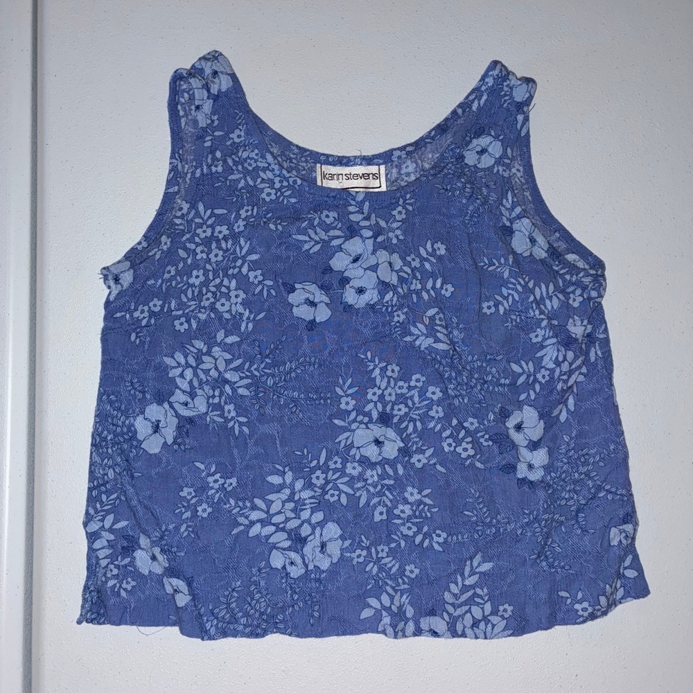 Karin Stevens Vintage Floral Tank Top Blue Crinkle Textured Sleeveless Scoop